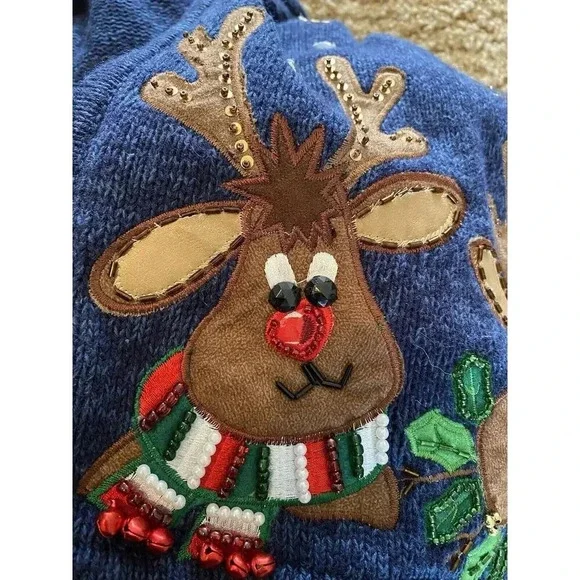 Vintage Ms Lee Christmas Sweater Cardigan Women's Large Embroidered Reindeer - Picture 4 of 16